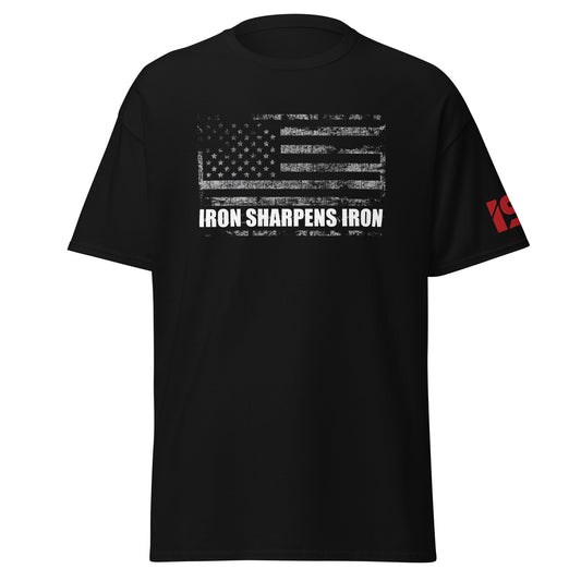 Iron Sharpens Iron Distressed American Flag with Sleeve Print - Classic Tee